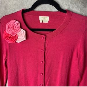 Kate Spade Silk Cardigan Sweater Womens Medium Pink Flower Applique Button Up